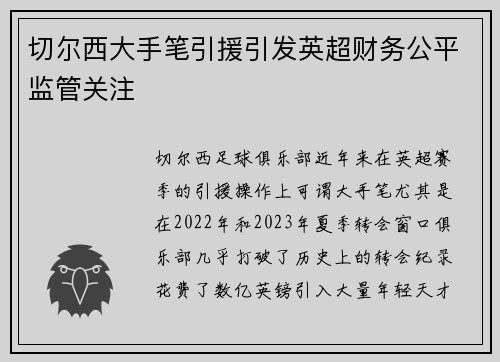 切尔西大手笔引援引发英超财务公平监管关注