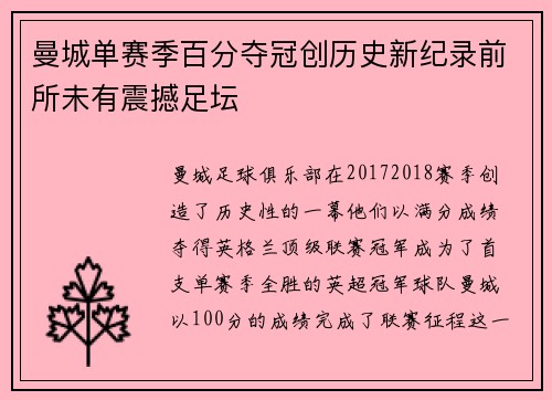 曼城单赛季百分夺冠创历史新纪录前所未有震撼足坛